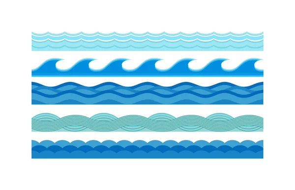 Sea Waves mönster set horisontellt hav abstrakt element natur platt vektor illustration. — Stock vektor