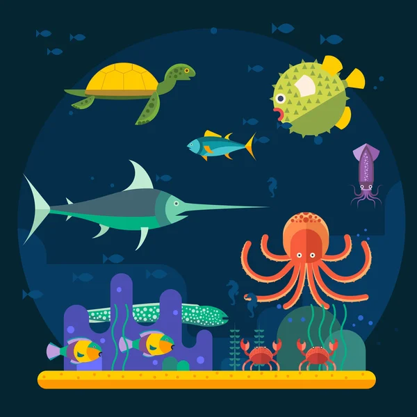 Fondo submarino jardín de coral con superficie de agua brillante peces coloridos jugando vector . — Vector de stock