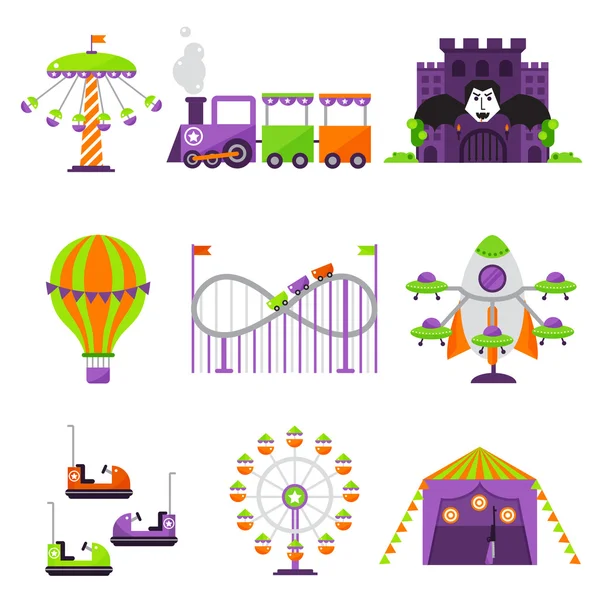 Vlakke vormgeving conceptuele stads elementen met carrousels pretpark vector illustratie. — Stockvector