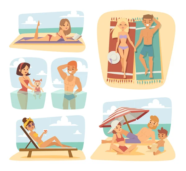 La gente en la playa de arena vacaciones divertidas dibujos animados tiempo feliz vector ilustración . — Archivo Imágenes Vectoriales