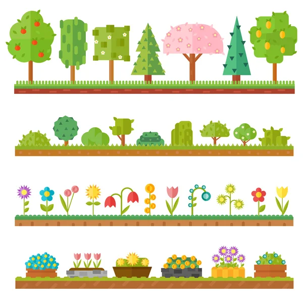 Trendi szép sor lapos növények erdei elemek közé fű, bogyók, bokrok és fák vektor illusztráció. — Stock Vector