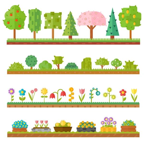 Hermoso conjunto de moda de plantas planas elementos forestales incluyen hierba, bayas, arbustos y árboles vector ilustración . — Archivo Imágenes Vectoriales