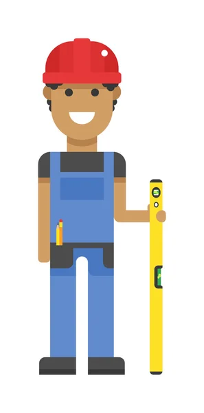 Worker in hard hat measure with yellow ruler blue uniform character vector. — Stockový vektor