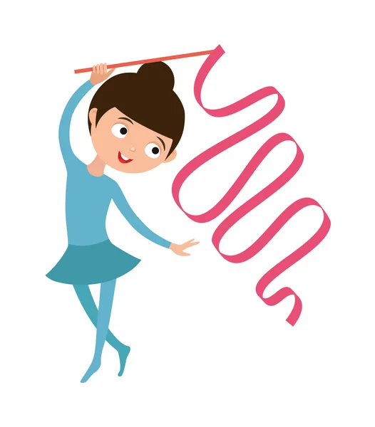 Teenager doing gymnastics dance with ribbon little gymnast girl rhythmic character vector. — Stock Vector