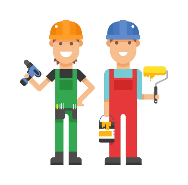 Conjunto de trabajadores profesionales de ingeniería personas equipo de construcción en cascos constructores ilustración vector plano . — Archivo Imágenes Vectoriales