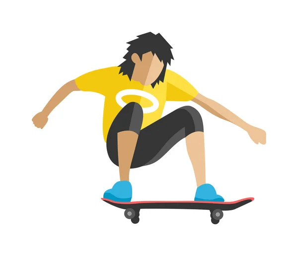 Skateboarder jump doen truc in Skatepark extreme sport Fun stedelijke karakter platte vector. — Stockvector