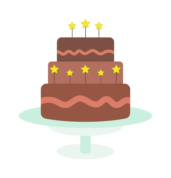 Schokoladencreme Geburtstagstorte gekrönt Kuchen isoliert mit weißen Scheiben und Sahne Blumen dekoriert Vektor. — Stockvektor