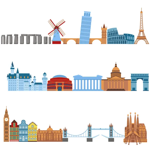 Eurotrip edificios turísticos, viajes famosos mundos monumentos diseño y Euro viaje aventura arquitectura — Vector de stock