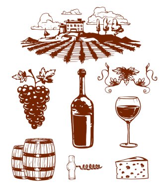 Traditional vinery farm production with grape press and red wine bottle line icons collection nature vector illustration.