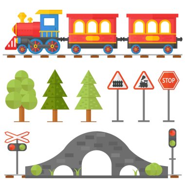Railway design concept set with station steward railroad passenger toy train flat icons vector illustration. clipart