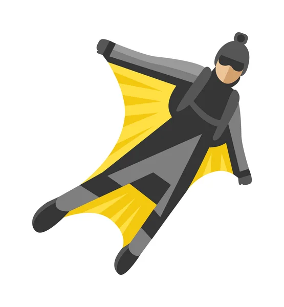 Wingsuit man jumper character skydiving flying parachuting sport high risk air vector illustration. — Stok Vektör