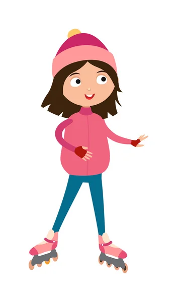 可爱的年轻女孩在滚筒粉红色溜冰鞋，帽子和手套快乐活跃的休闲溜冰载体. — 图库矢量图片