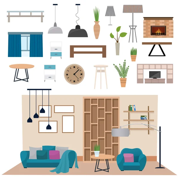 Moderne woonkamer interieur met houten vloer appartement meubilair vector illustratie. — Stockvector