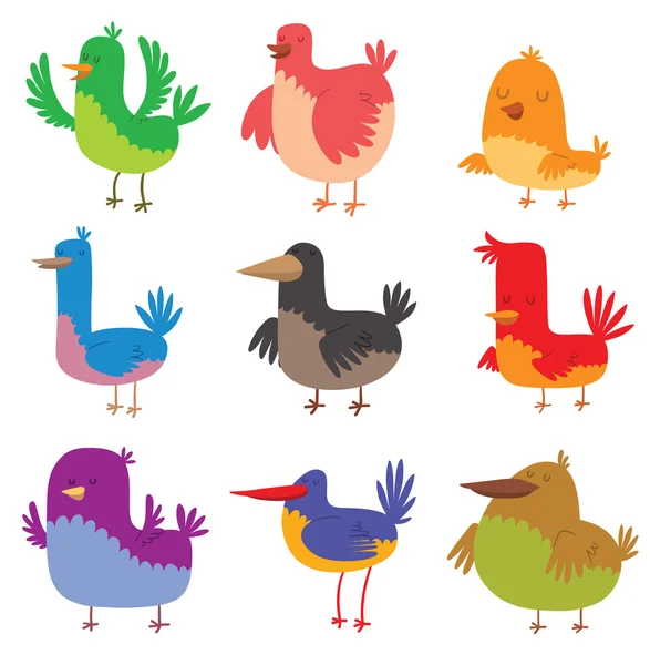 Uccelli divertenti scarabocchio cartone animato collezione ala animale personaggio vettore illustrazione . — Vettoriale Stock
