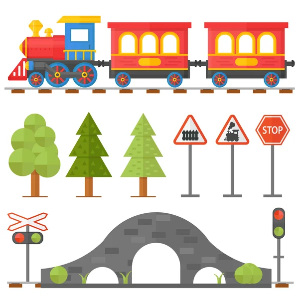 铁路设计概念设置与站管家铁路乘客玩具列车平面图标矢量图. — 图库矢量图片