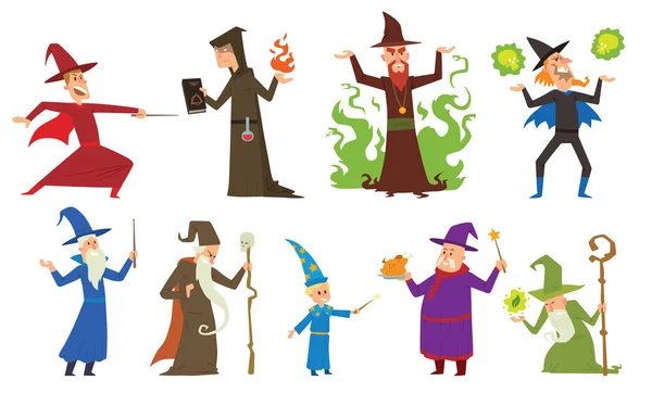 Group of magicians and wizards illusion show old man imagination, performance character vector. — Stock Vector