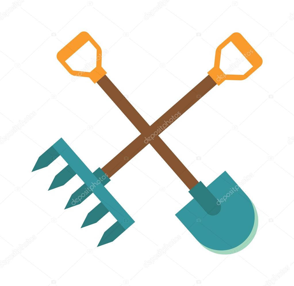 Rake and shovel garden farm logo, organic garden farm logo concept. Gardening tools icon flat graphic design farm logo organic garden agriculture rake and shovel symbol vector illustration.