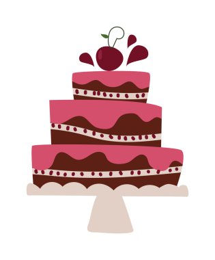 Çikolata kremalı doğum günü pastası beyaz dilim ve krem çiçekler vektör süslenmiş izole pasta tepesinde.