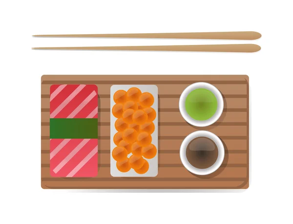 Sushi se sjíždí z plochých jídel a japonských ikon mořských plodů — Stockový vektor