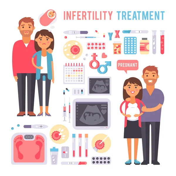 Vector signs of pregnancy infertility symptoms treatment problems fertilization processes infographic. — Stock Vector