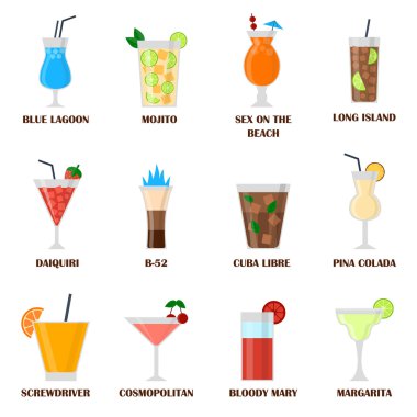 Farklı alkol içki şişesi ve gözlük vektör çizim seti.