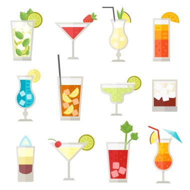 Farklı alkol içki şişesi ve gözlük vektör çizim seti.