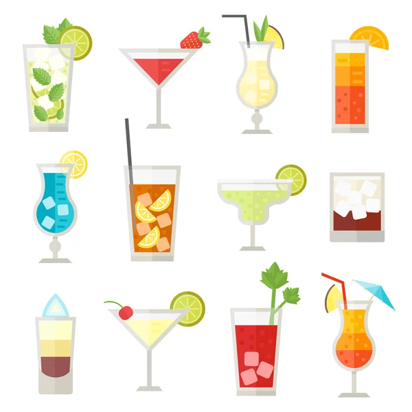 Conjunto de diferentes botellas de bebidas alcohólicas y vasos vector ilustración . — Vector de stock