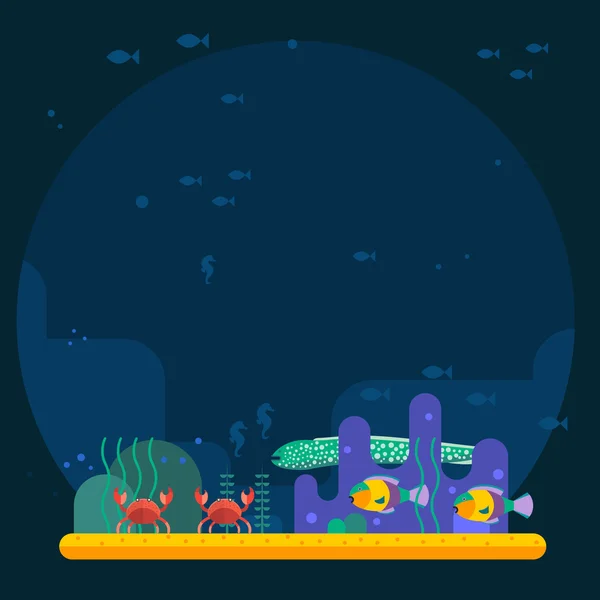 Fundo subaquático jardim de coral com superfície de água brilhante colorido peixe jogando vetor . — Vetor de Stock