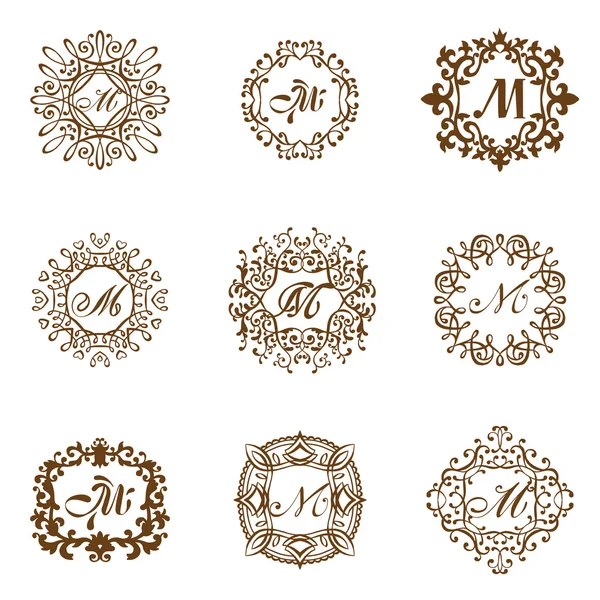 Zestaw luksusowych Monogram szablon kwitnie kaligraficzny elegancki ornament linie wektor. — Wektor stockowy