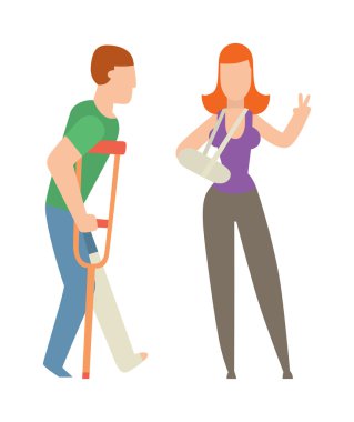 Kadın sert ağrı tıbbi kaza karakter vektör illüstrasyon kırık bir ayak üzerinde Cast