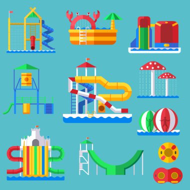 Aile eğlence vektör illüstrasyon için slaytlar ve sıçrama pedleri ile su eğlence aquapark oyun alanı.