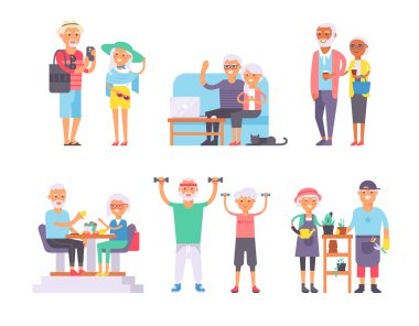 Geriatric care pensioners retirees and happy senior woman elder age characters vector illustration.