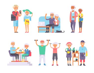 Geriatric care pensioners retirees and happy senior woman elder age characters vector illustration. clipart