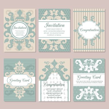 Düğün davetiyesi kartı tasarımı el ilanı sayfaları süs vektör kavramı seti.