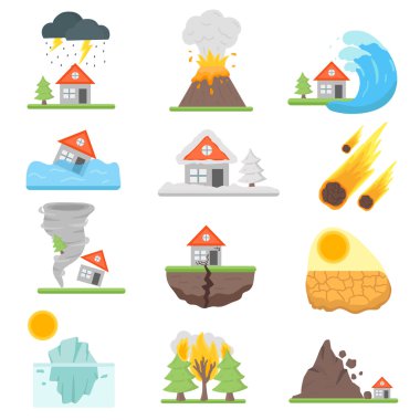 Home insurance business set vector illustration with house icons suffering from natural events or disasters. clipart