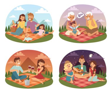 Aile piknik yaz mutlu yaşam tarzı parkı açık havada birlikte, çayır tatil karakter vektör zevk.