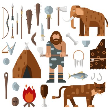 Yaşam taş devri mağara mağara şenlik ateşi mamut kemik vektör.