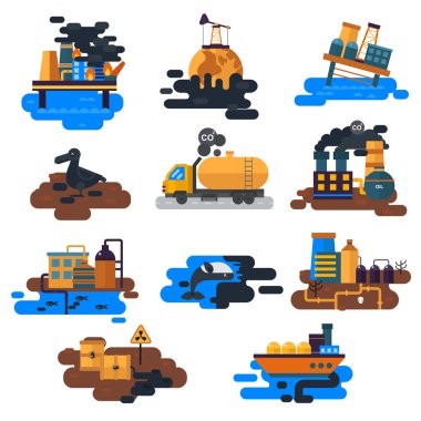 Ecological problems: environmental pollution of water, earth, air, deforestation, destruction of animals vector.