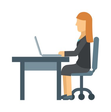 Ofis masasında dizüstü bilgisayar üzerinde çalışan iş kadını, iş yeri bilgisayarı, profesyonel masa iç vektör.