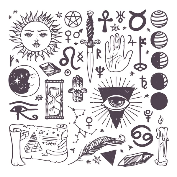 Set di moda vettoriale esoterici simboli collezione schizzo disegnato a mano — Vettoriale Stock