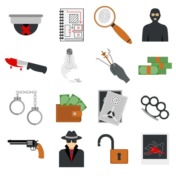 Crime icons protection law justice sign security police gun icon in flat colors vector. — Stockvector