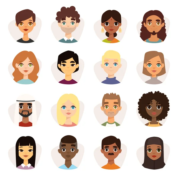 Yüz özellikleri farklı milliyetler, giysi ve saç ile çeşitli yuvarlak avatarlar seti. — Stok Vektör