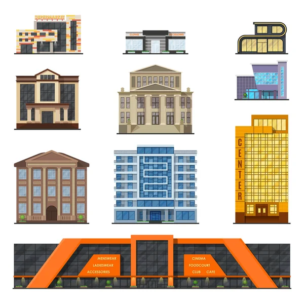 Flat style modern classic municipal buildings front, facade city design vector. — Stock Vector