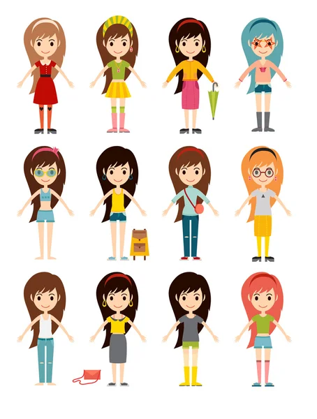 Αστεία κορίτσια κινούμενα σχέδια χαριτωμένο θηλυκό νεαρή γυναίκα χαρούμενο σύνολο χαρακτήρων απεικόνιση διάνυσμα — Διανυσματικό Αρχείο