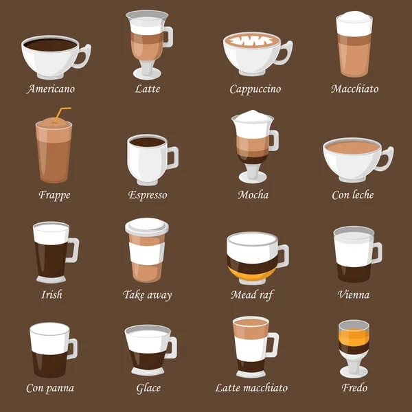 Coffee cups different cafe drinks types espresso mug with foam beverage breakfast morning sign vector. — Stock Vector