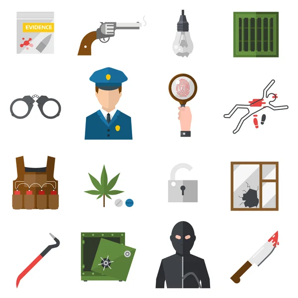 Crime icons protection law justice sign security police gun icon in flat colors vector. — Stockvector
