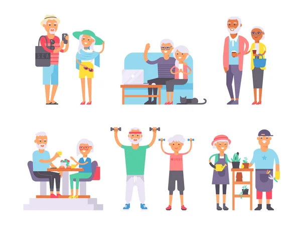 Geriatric care pensioners retirees and happy senior woman elder age characters vector illustration. — Διανυσματικό Αρχείο