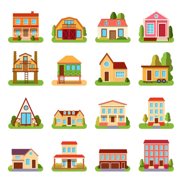 Набор подробных красочных коттеджных домов в плоском стиле современных конструкций векторная иллюстрация — стоковый вектор
