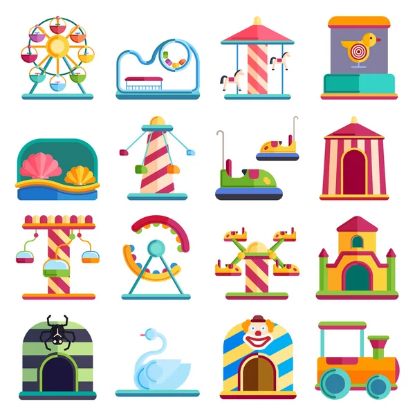 Vlakke vormgeving conceptuele stads elementen met carrousels pretpark vector illustratie. — Stockvector