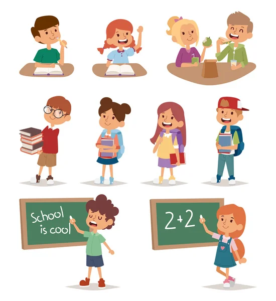 Group school kids going study together, childhood happy primary education character vector. — Stock Vector
